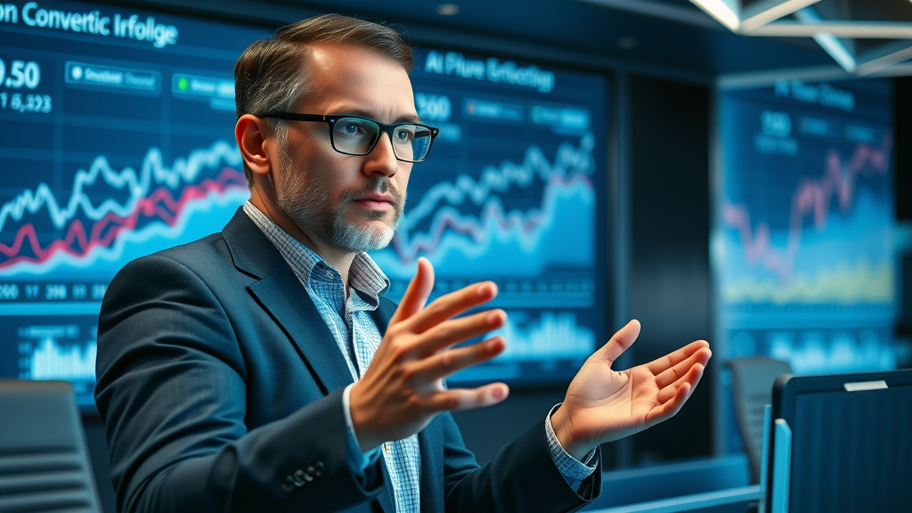 Confident analyst reviewing AI-generated future trend graphs for customer insights in a high-tech workspace.