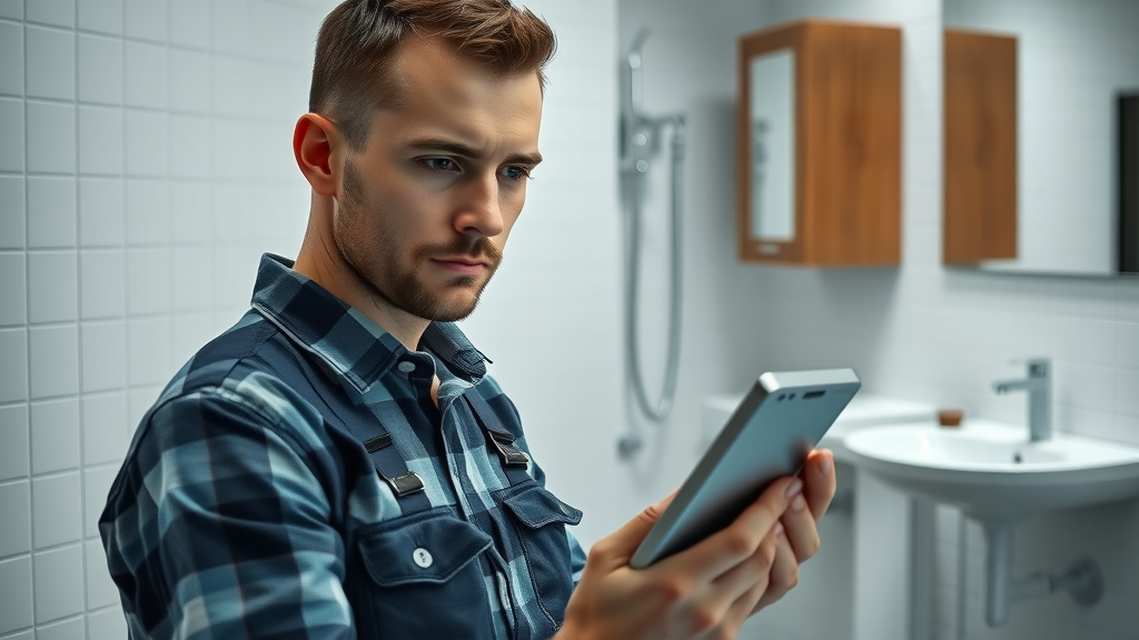 Plumber using leak detection tool on bathroom pipes for plumbing problems.