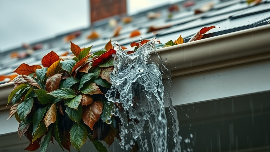overflowing gutter with water spilling, visible blockage of leaves, stormy rain background