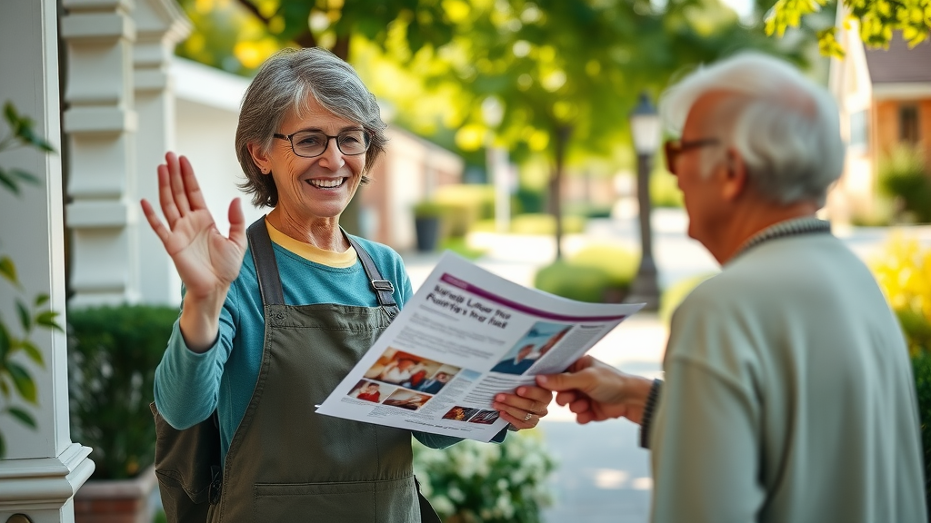 Friendly community volunteer delivering local newsletters door-to-door, smiling with an elderly resident, tidy gardens in the background, showing positive community engagement.