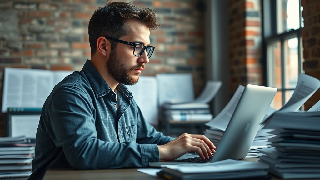 Content marketing for small tech business in NY - Tech writer in a Manhattan loft, producing blogs and whitepapers surrounded by tech magazines