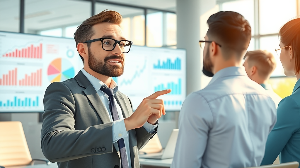 SEO service metrics presentation with New York tech executives and data dashboards
