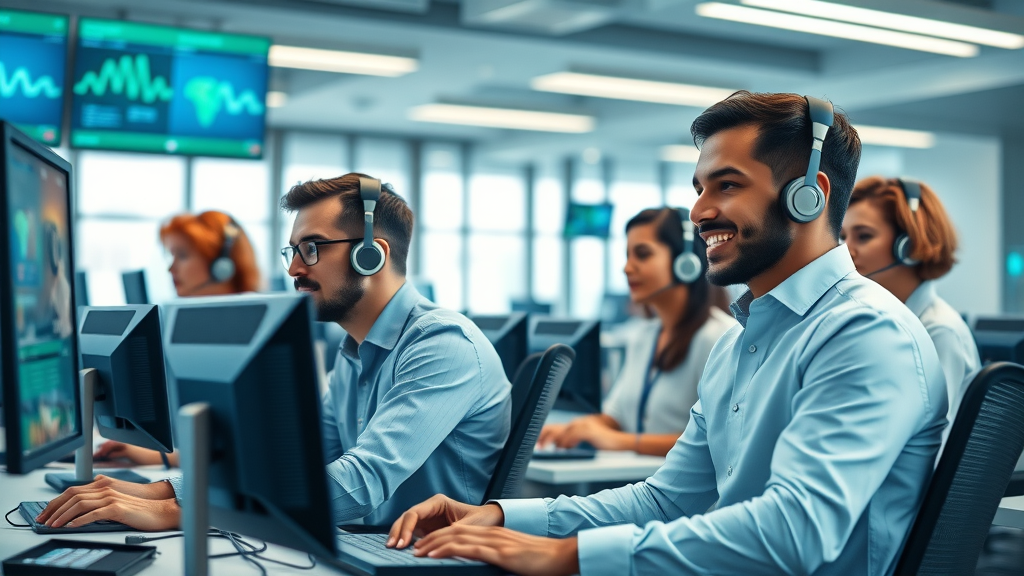 AI vs Call Center: Dynamic corporate call center operation with diverse professionals and AI technology, modern office, HVAC branding, natural daylight
