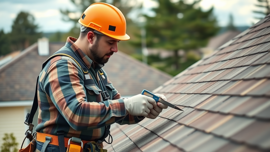professional roofer inspecting shingle roof, roof maintenance tips, suburban setting, safety harness, tools, detailed roof inspection