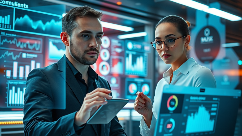 Tech marketers in NY utilizing AI-driven social media analytics at a futuristic office, analyzing campaigns that deliver digital marketing performance.