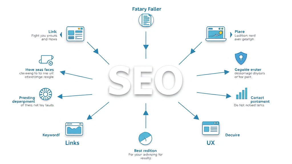 SEO concepts infographic: keywords, links, and user experience pillars in search engine optimization