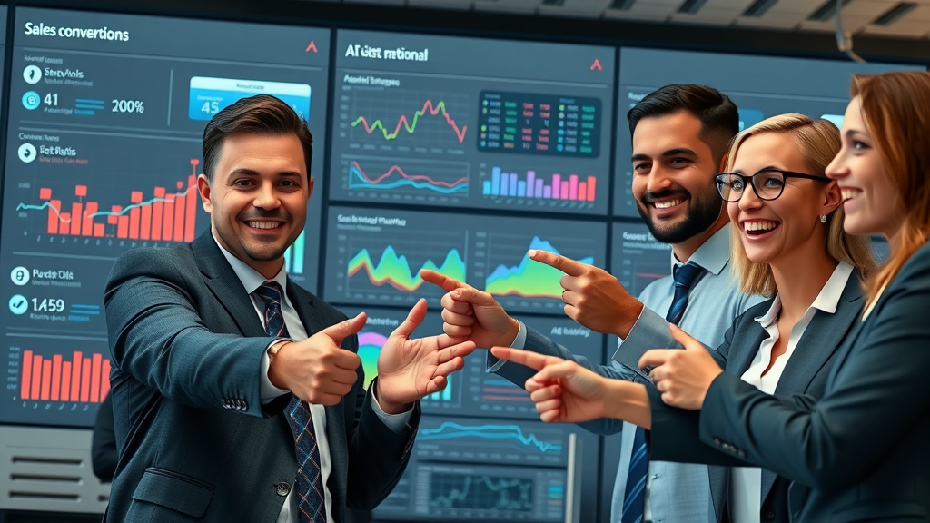 Successful sales team tracking AI chat metrics and celebrating conversion rate boost in digital marketing