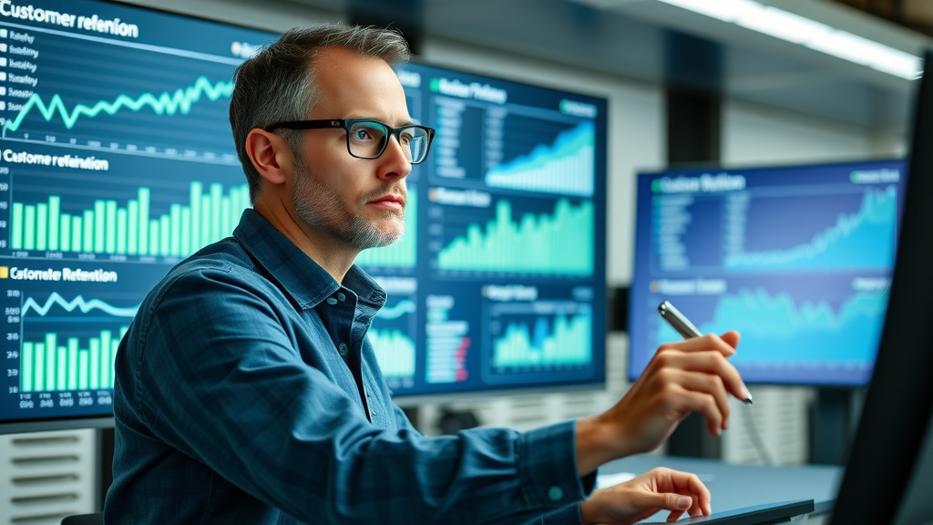 business analyst viewing real-time KPI dashboard for AI-driven customer retention metrics and trends