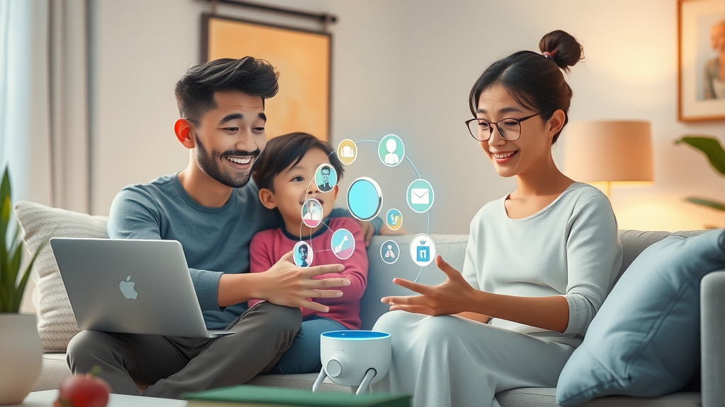 family interacting with AI assistant in a smart home, showing practical AI integration over five years