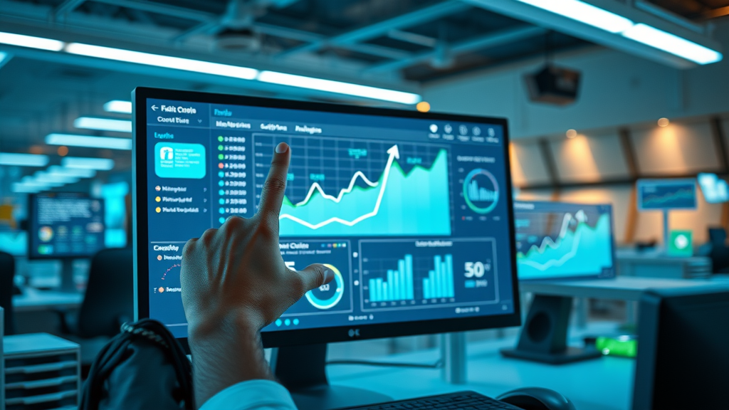 content marketing for tech startups: visual chart on computer showing analytics for email, social media, and SEO in a modern office