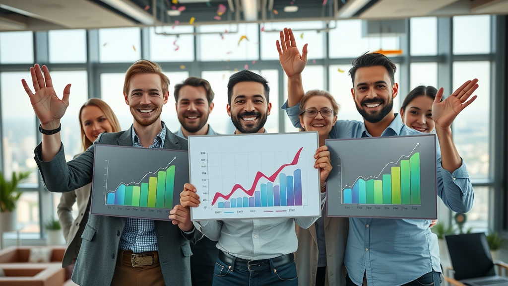 successful tech business team celebrating growth - online marketing tips for tech companies