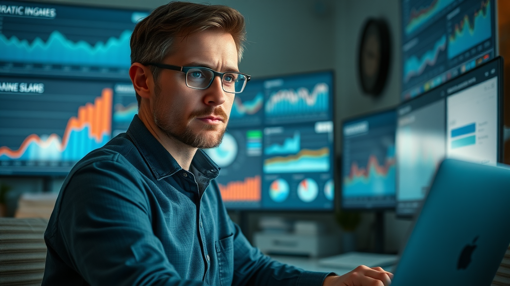 insightful marketing analyst reviewing digital marketing strategy analytics for small tech business