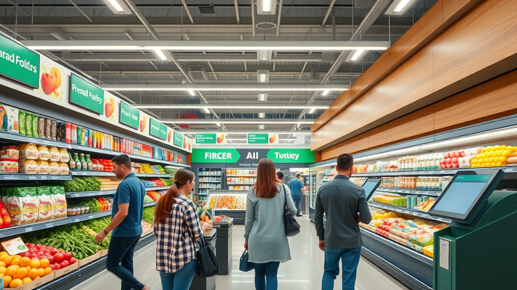 modern AI-powered grocery store with smart shelves and customer engagement kiosks, shopper interacting with digital signage, seamless in-store experience