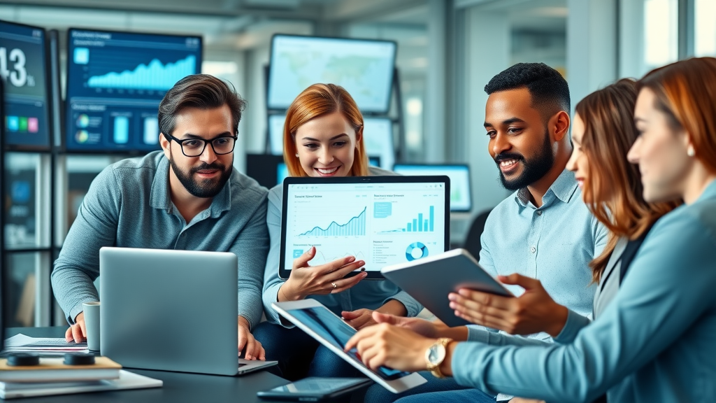 dynamic team of diverse small tech entrepreneurs collaborating on social media marketing strategy, with digital analytics in a modern office, social media marketing for small tech firms