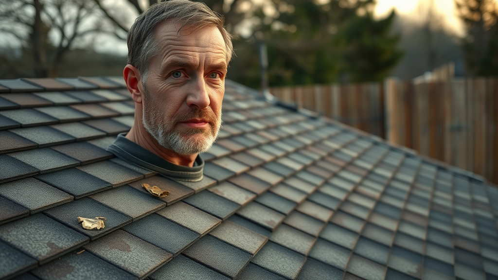 damaged roof shingles, granule loss and discoloration from improper cleaning method, somber homeowner inspecting rooftop