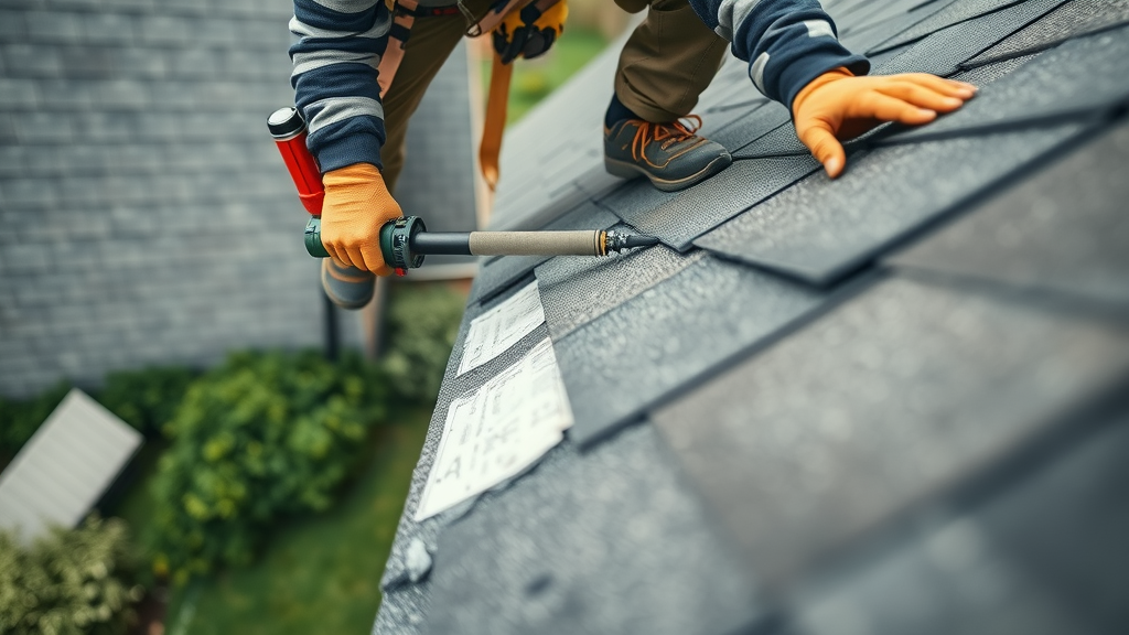 person in safety gear replacing a damaged shingle, roof repair, roof maintenance tips, rooftop with green yard, tools