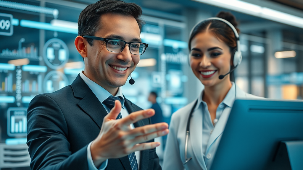 futuristic customer service interface with business professionals and digital holographic screens - automated customer interaction