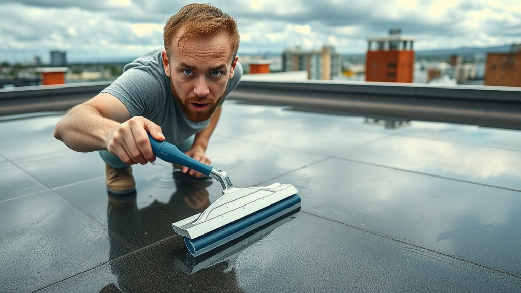 Homeowner uses squeegee to clear standing water off flat roof; evidence of drainage issue found during roof inspection checklist review. Cityscape and drainage pipes visible.