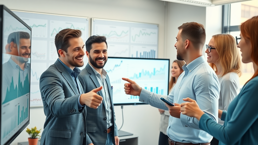 Modern business team analyzing SEO graphs, search engine optimization strategies visualized