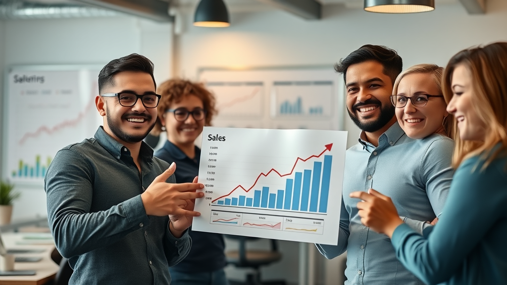 aspirational small tech team reviewing sales growth from digital marketing, energetic startup office