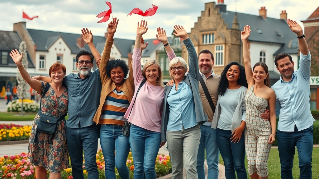 Hopeful diverse community members celebrating arm-in-arm near Monmouthshire landmarks, vibrant spring town square.