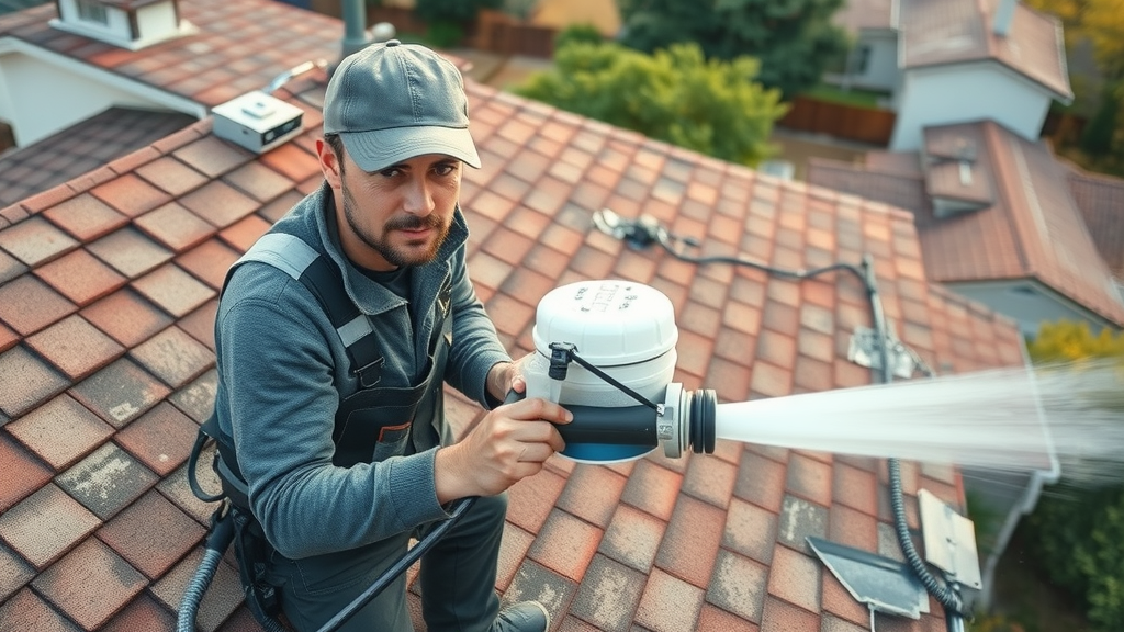 roof cleaner applying soft washing equipment on aging shingle roof, gentle roof cleaning method in use