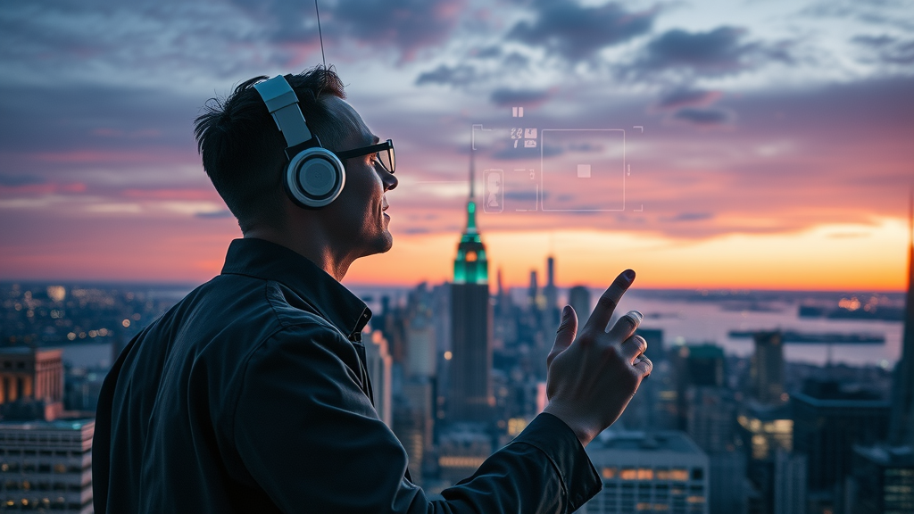 Futurist SEO agency leader exploring digital marketing strategies in New York with AR technology