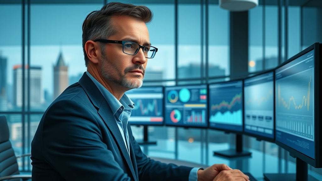 analytical tech executive reviewing KPI dashboards - online marketing tips for tech companies