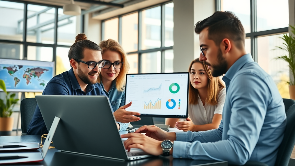 PPC advertising for small tech companies vibrant digital marketing workspace, focused young professionals collaborating around laptops, analyzing PPC campaign graphs, modern office with analytics on screens, sunlight streaming in