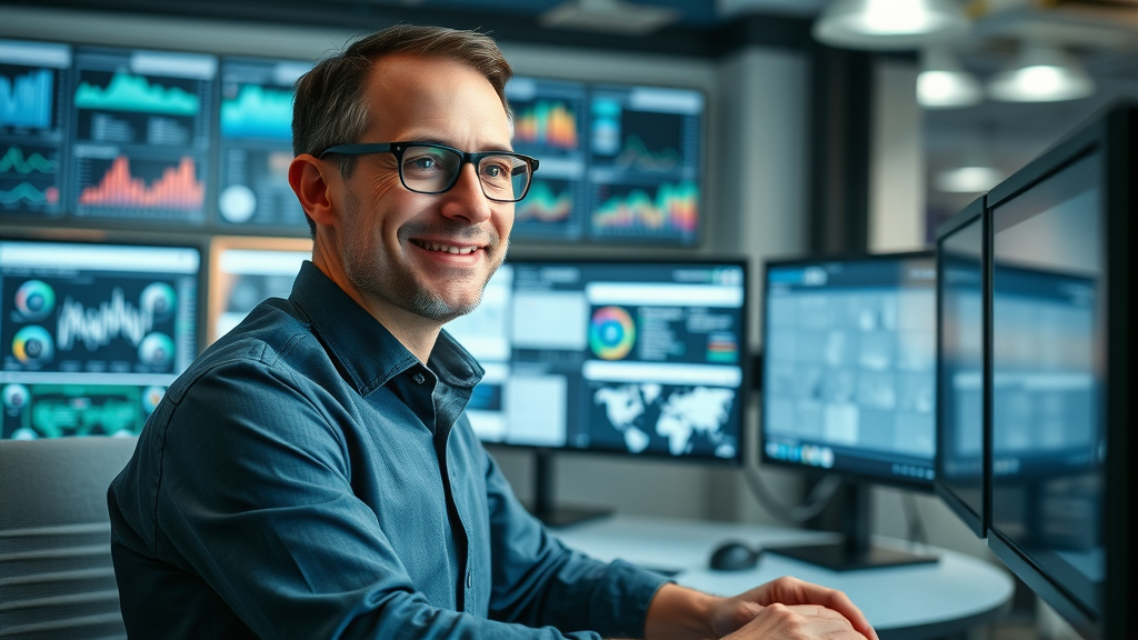 Marketing automation for small tech business in NY - Marketing manager monitoring workflows on digital dashboards in futuristic NYC tech office