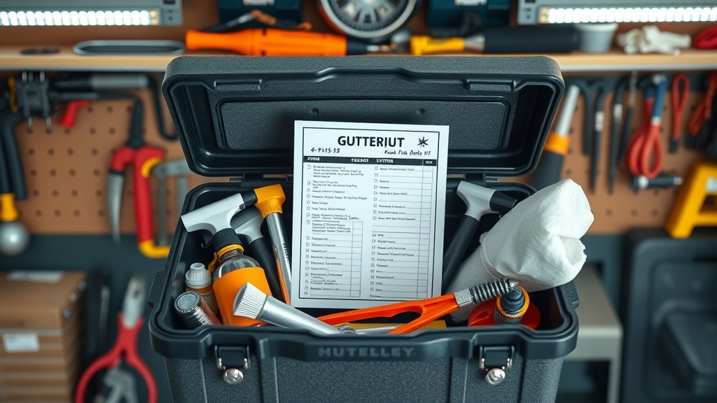 gutter cleaning supplies and neatly printed checklist on garage workbench