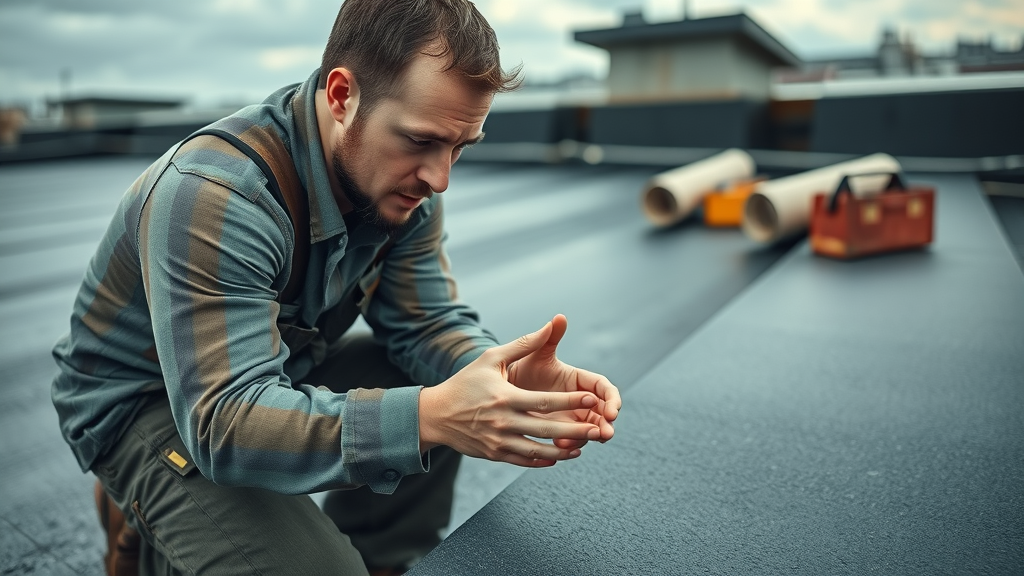 Roofer examines modified bitumen roofing membrane for splits and wear, ensuring membrane integrity for roof inspection checklist.