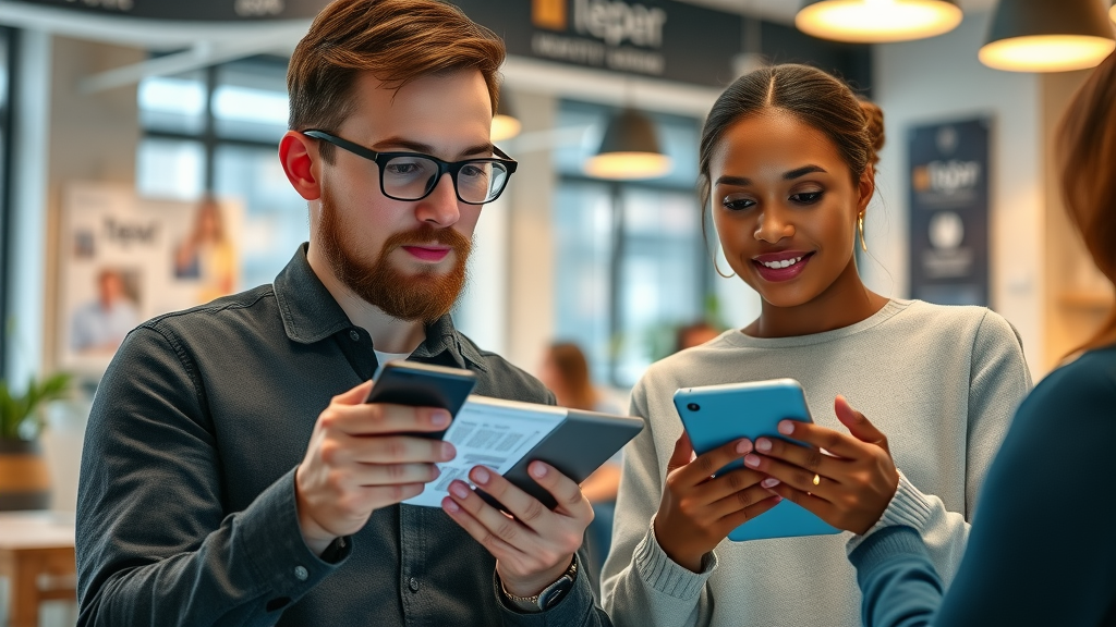 customers interacting with tech content on digital devices - content marketing for technology startups