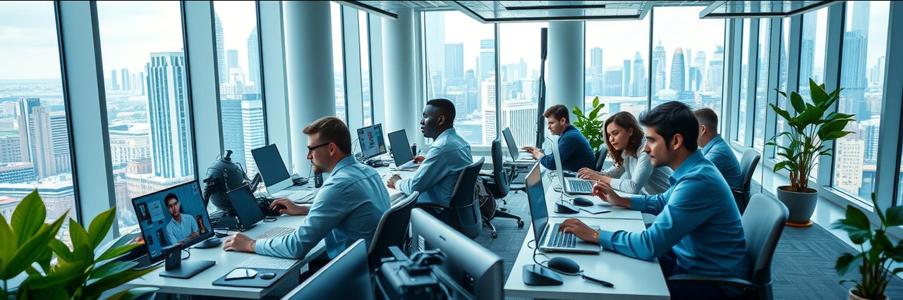 Diverse software development company team collaborating in a bright, modern office.