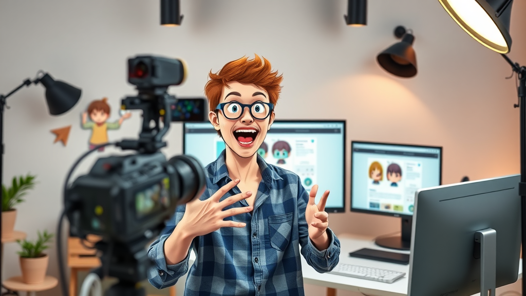Digital marketer recording PPC advertising tutorial, professional camera setup, modern studio, chibi icons, playful lighting, digital marketing for small businesses