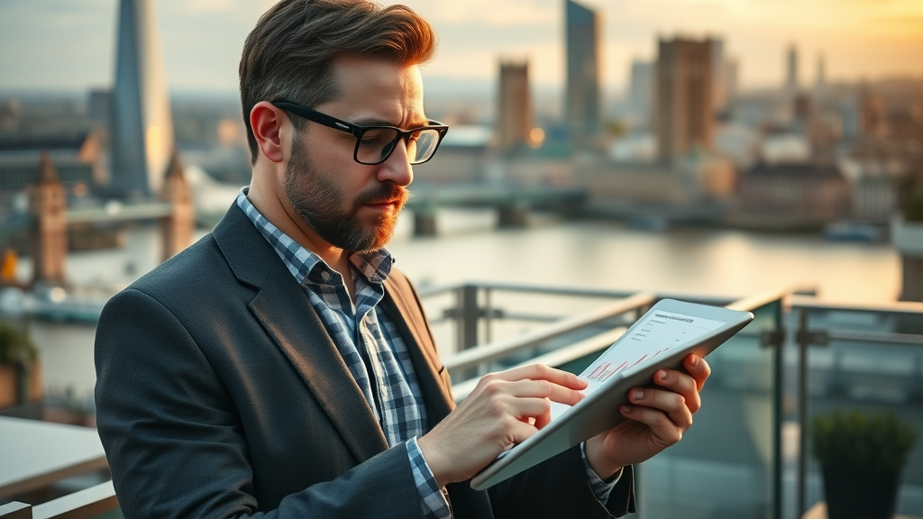 marketing strategist reviewing London consumer trends, rooftop with Thames and The Shard, digital marketing agency in London