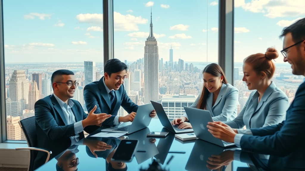Digital Marketing Agency For Tech Businesses in NY skyline with professionals collaborating in Manhattan office, energetic strategy planning