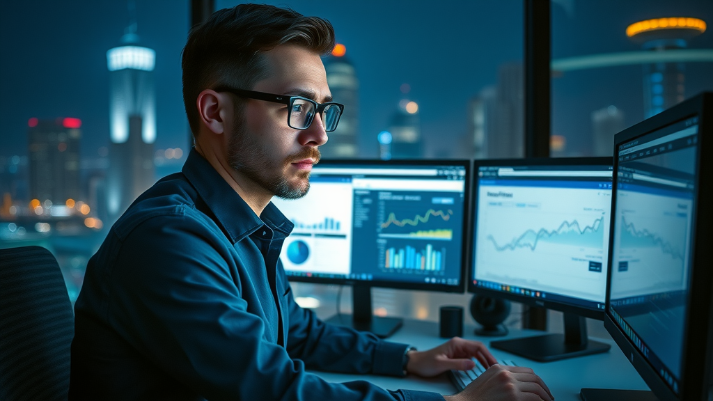 Growth Hacker Analyzing SEO Keywords on Monitors in Modern Office
