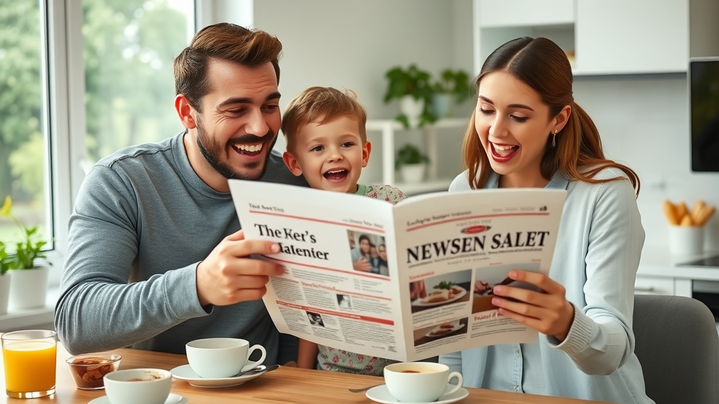 Enthusiastic family happily reading a local newsletter together at breakfast, pointing to highlighted events on tablet or paper, cheerful kitchen atmosphere.