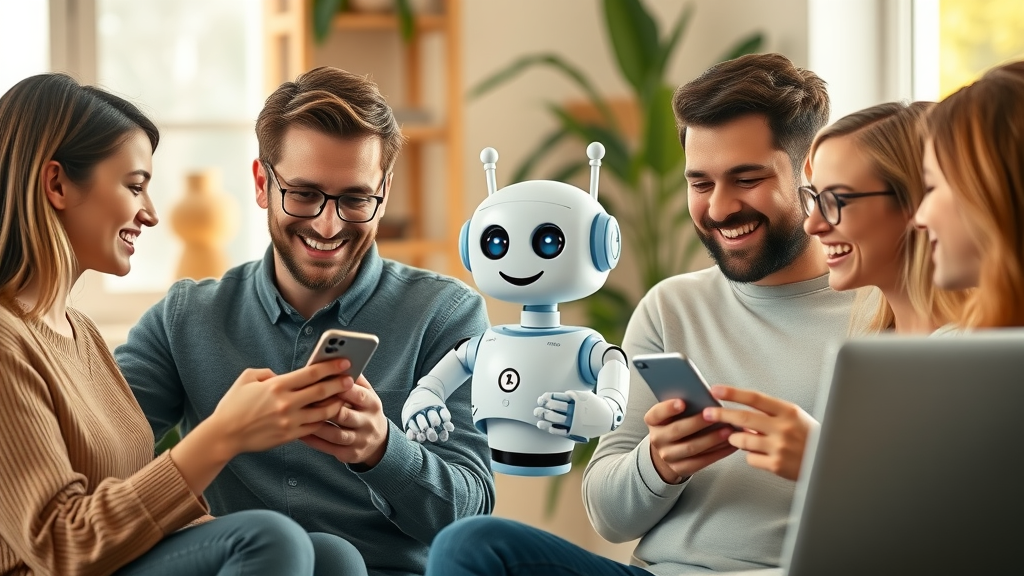 Satisfied customers interacting with cheerful AI chatbot on smart devices, giving positive feedback for customer service.