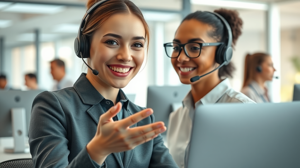 empathetic customer support agent collaborating with virtual ai assistant in a modern contact center