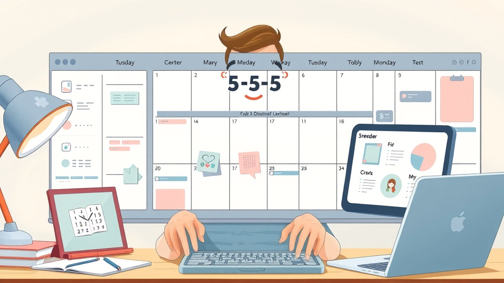 digital planner visually displaying the 5 5 5 rule for balanced content and engagement in social media marketing for small tech firms