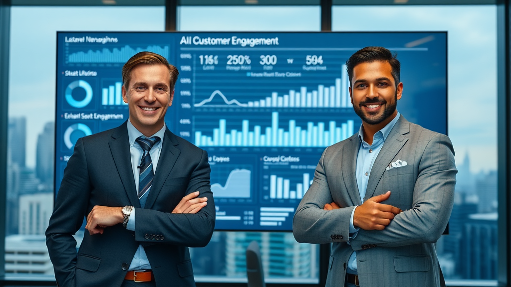 successful business leaders in front of digital screen displaying ai-driven customer engagement metrics