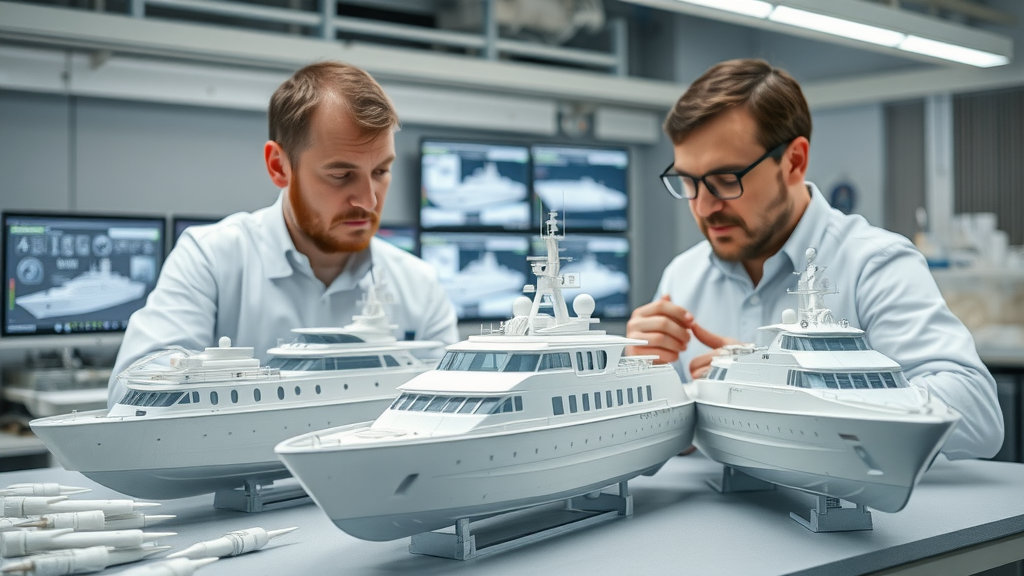 cutting-edge ship design laboratory with naval architects using advanced shipbuilding technology