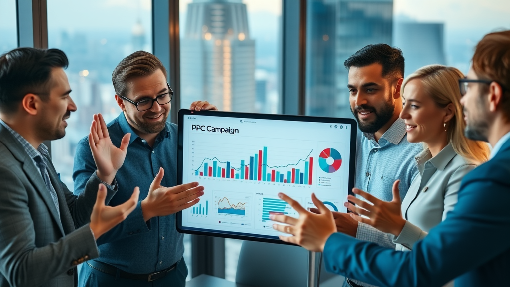 PPC management for small tech companies, dynamic business meeting, diverse tech executives reviewing PPC campaign data, digital dashboard, high-rise office, expressions of achievement