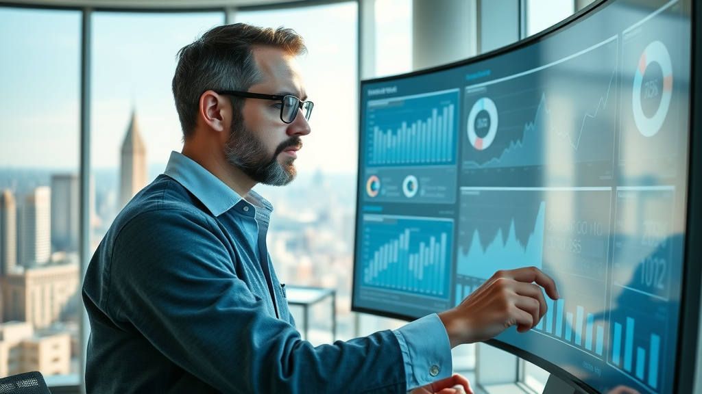content marketing for tech startups: tech founder analyzing marketing dashboard reviewing metrics on a curved display in high-tech office