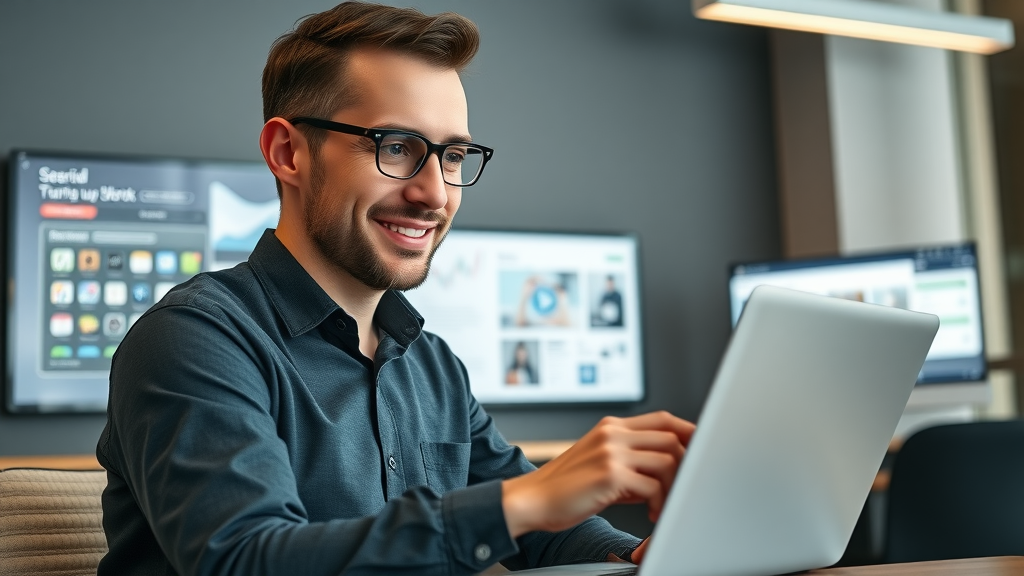 sleek modern tech startup website with a founder reviewing digital branding and responsive web design in a New York office
