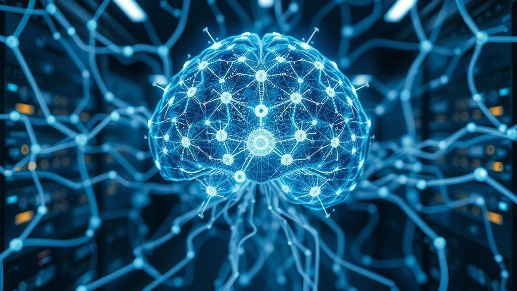 Generative AI: Futuristic glowing brain network with data streams, concept for rapid data analysis in call center AI, blue and silver highlights