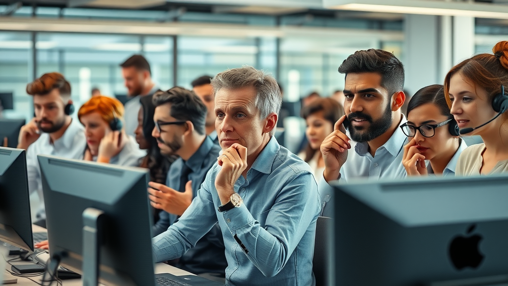 AI chatbots for customer service helping overwhelmed customer support teams in a busy modern office.