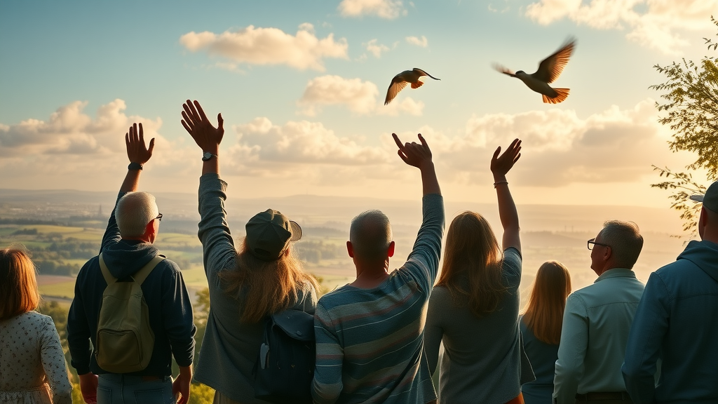 Hopeful Monmouthshire residents united outdoors, expressing optimism and unity, panoramic view of Monmouthshire landmarks, benefits of residents voice throughout monmouthshire
